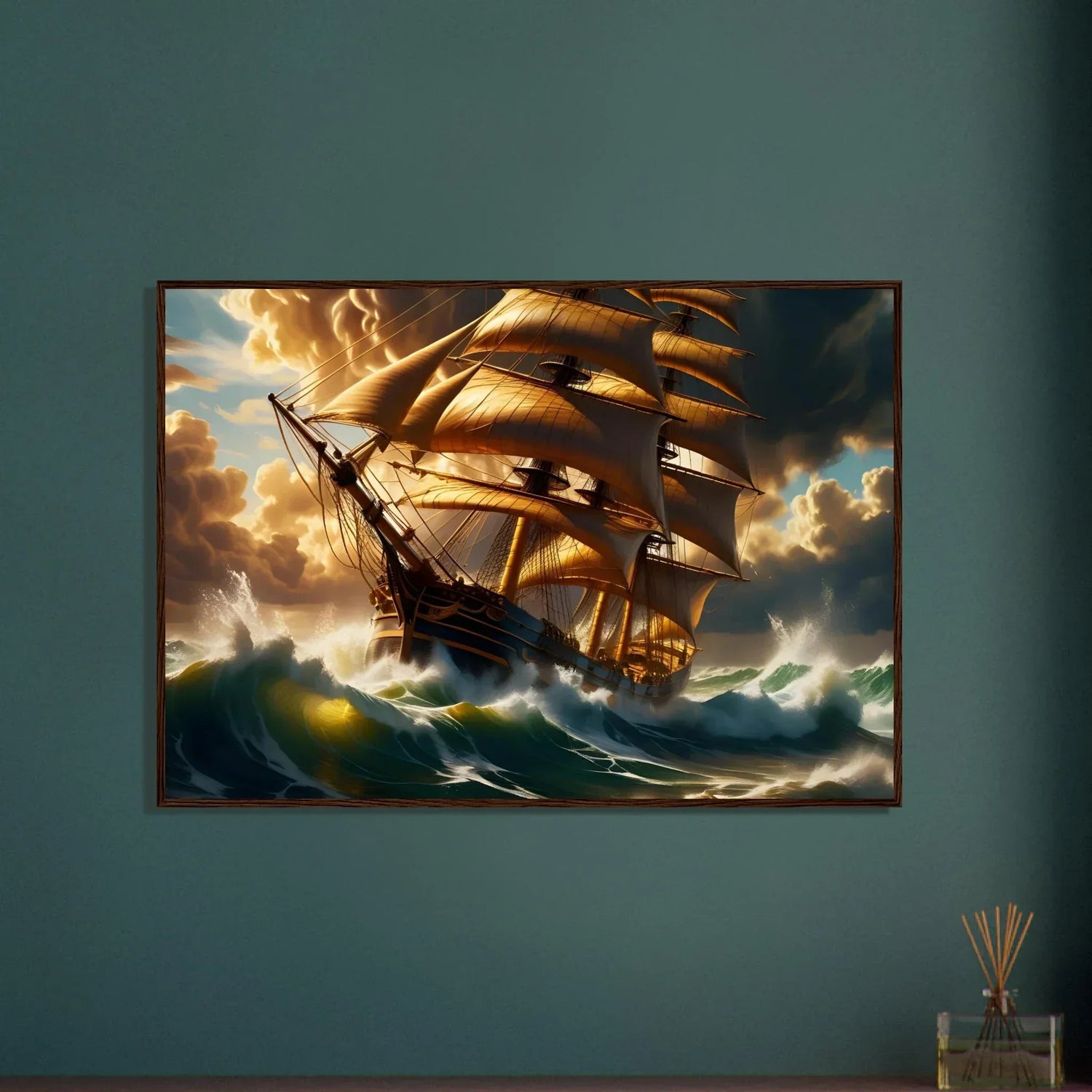 Framed painting of a sailing ship in stormy seas from Ocean Themes collection