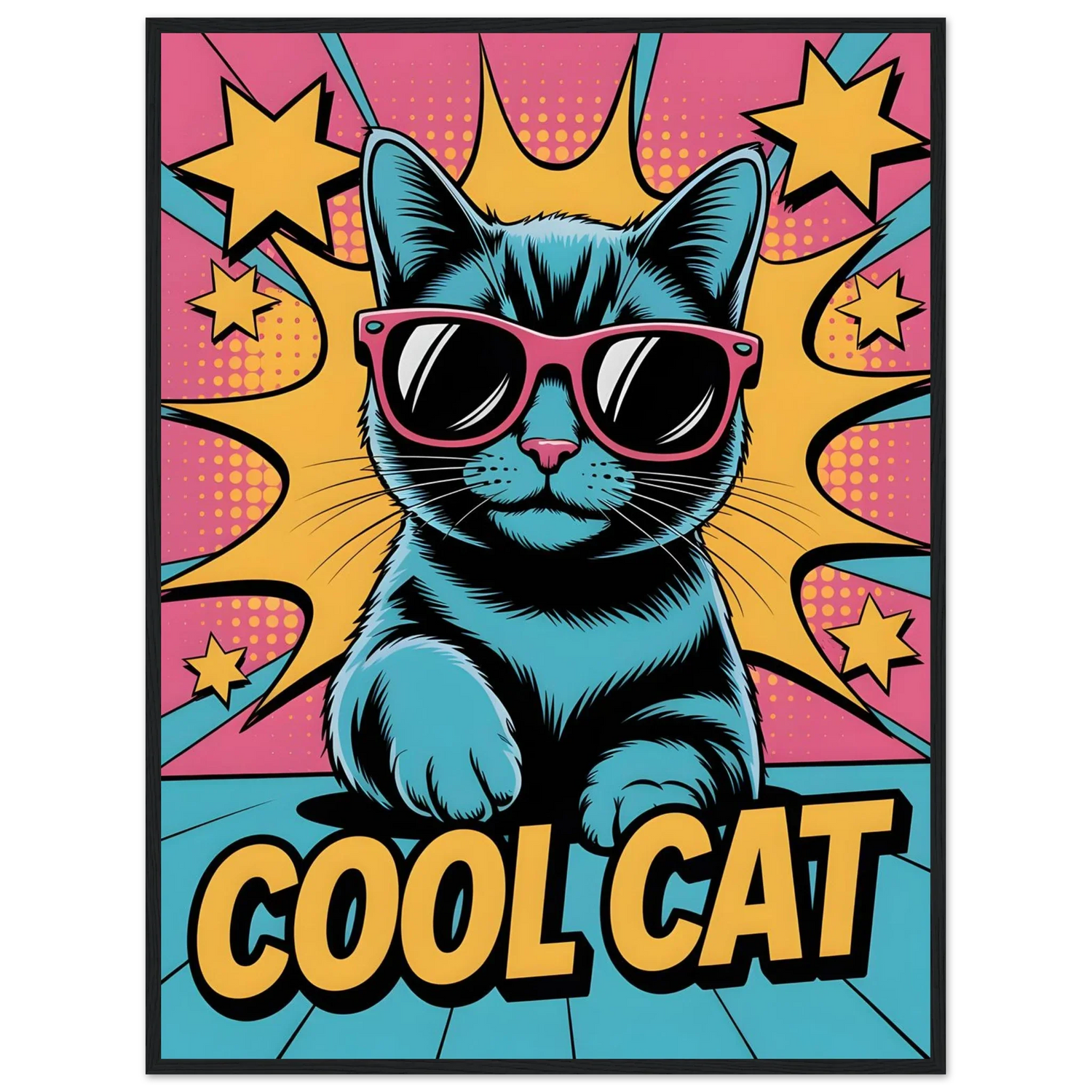 Pop art illustration of a cool cat with pink sunglasses from the Pop Art Prints collection