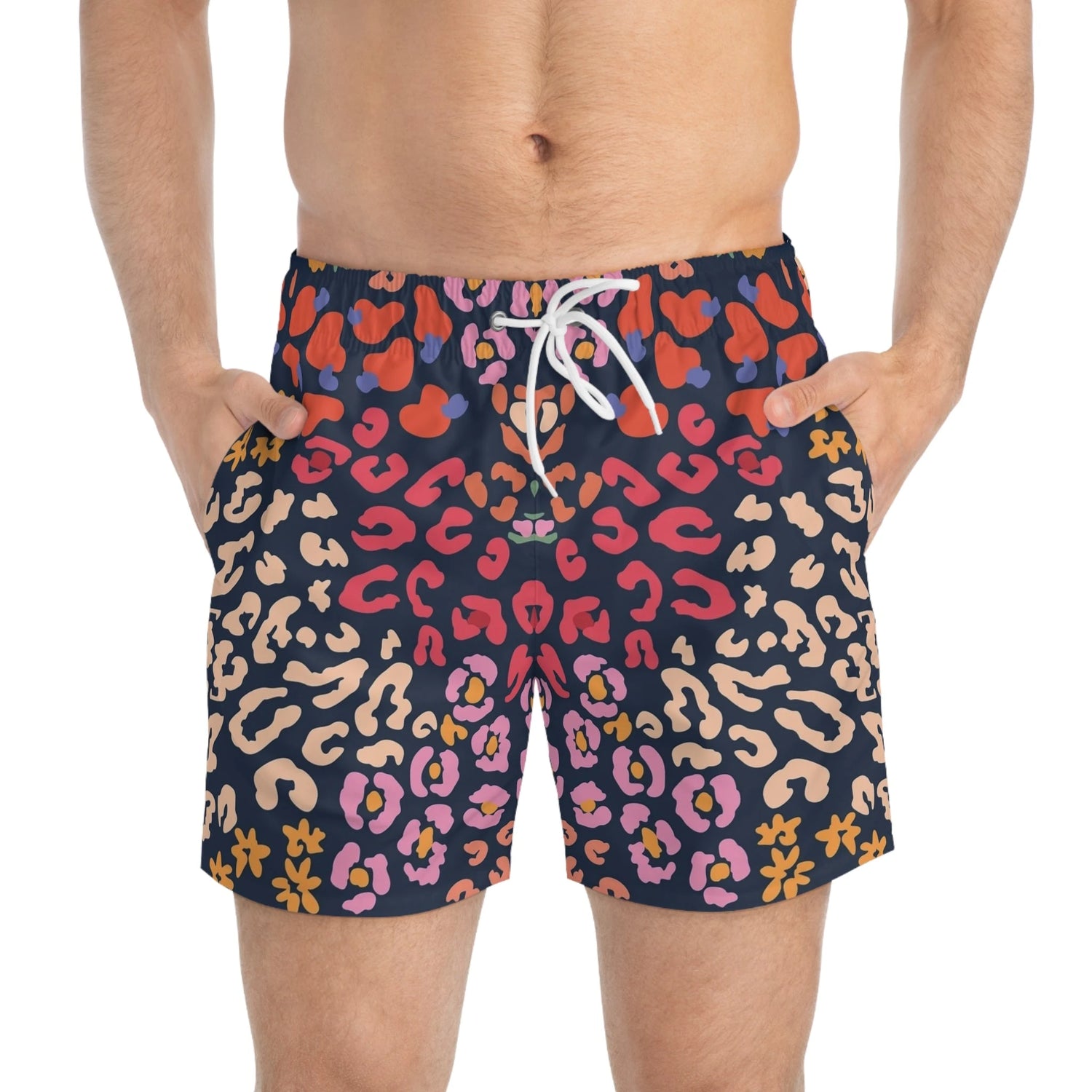 Men’s patterned swim trunks displayed in Shorts collection