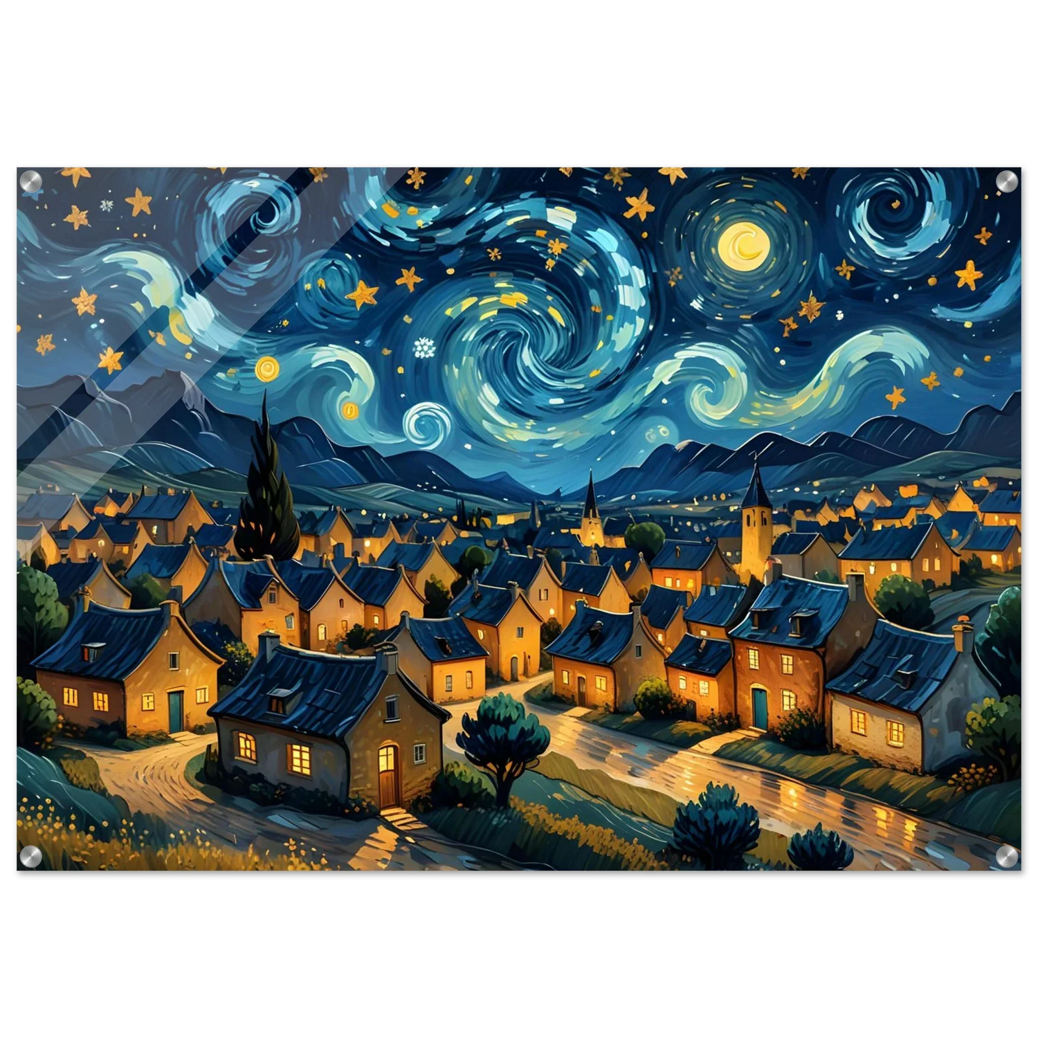 Starry Night Village painting displayed in Wall Art collection featuring a serene night scene