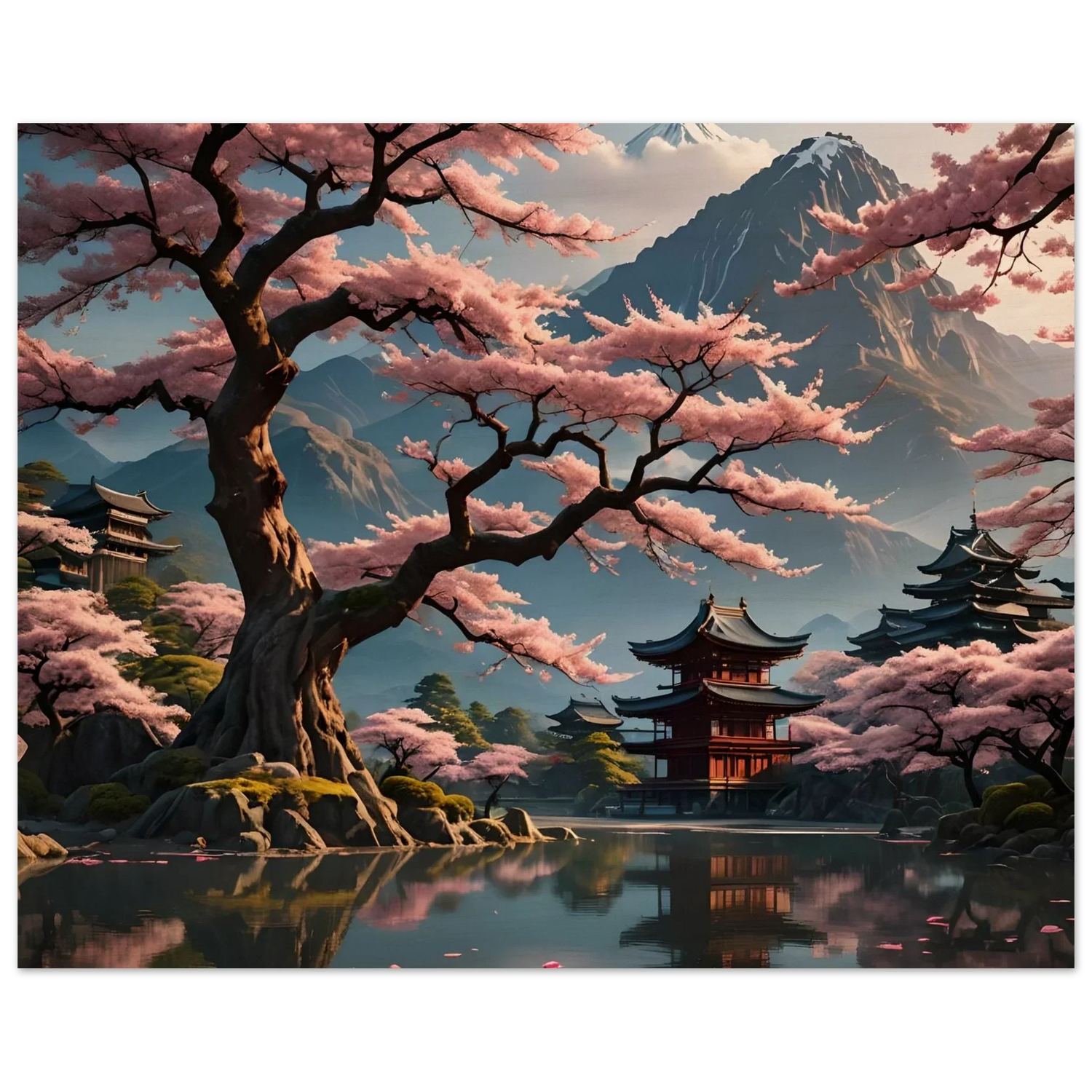 Japanese cherry blossom landscape wood print in a collection of natural wall art