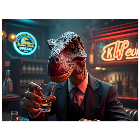 Dinosaur in suit holding whiskey for Whiskey Raptor Poster – After Hours Instincts PixiOnyx Fine Art Print