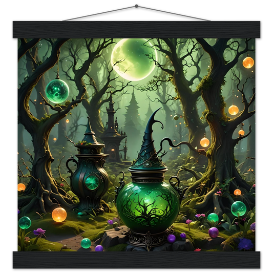 Enchanted green potion vessels displayed on Witchcraft Forest Hanging Poster in matte fantasy art style