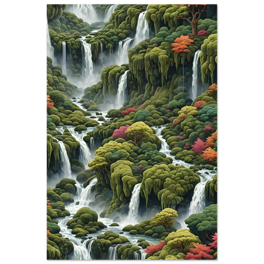 Moss Cascade Fine Art Poster featuring lush cascading waterfalls and vibrant foliage