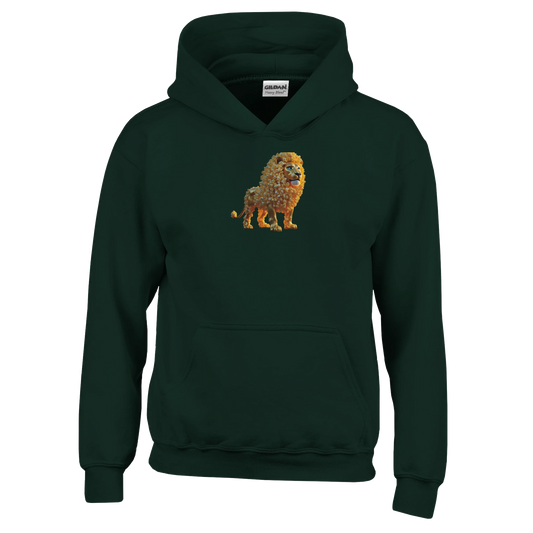 Green hoodie with lion graphic from Classic Kids Pullover Hoodie The Golden Kernel King PixiOnyx