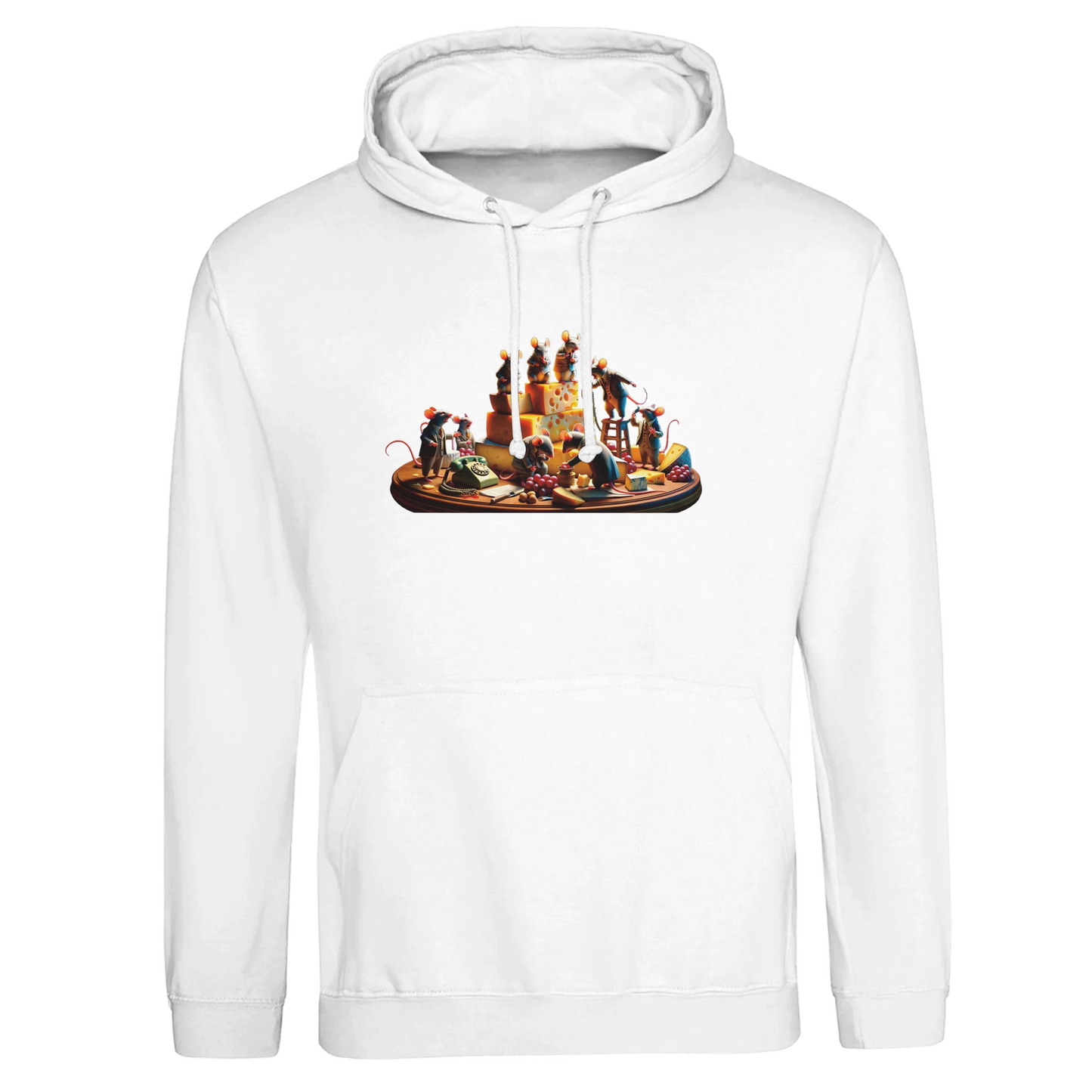 White hoodie featuring a mouse-themed graphic from Rodents in Revolt PixiOnyx Cheese Drama Pullover