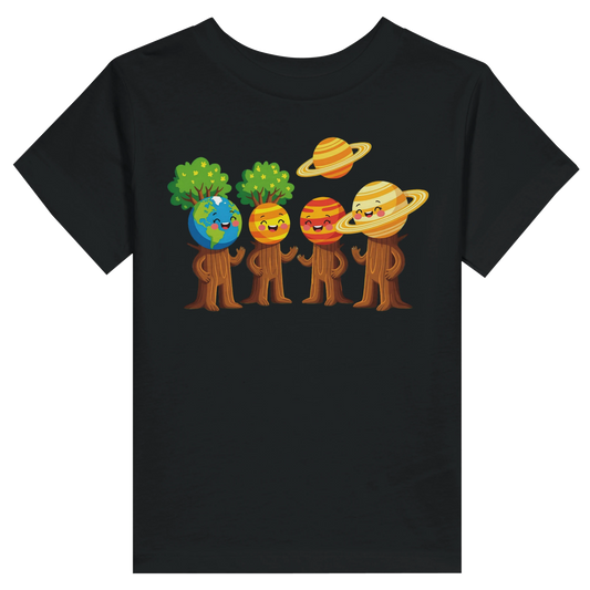 Black toddler T-shirt featuring Cartoon Planet characters from PixiOnyx Stellar Kids Wear