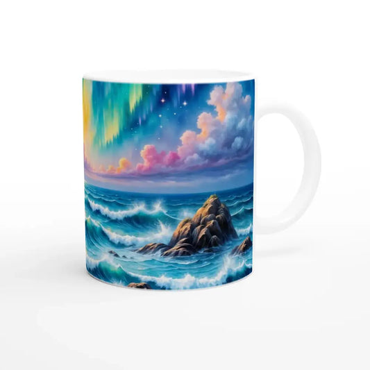 White ceramic mug with Aurora Borealis and ocean waves design, 11oz ceramic mug