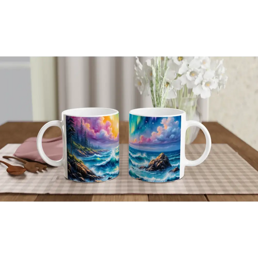 Vibrant landscape 11oz ceramic mug with stormy sea rocky coast and colorful skies
