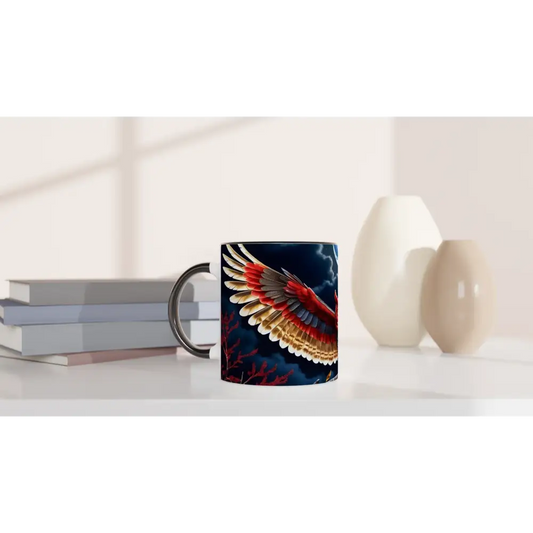 Ceramic mug with crimson wings and lightning design from PixiOnyx Celestial Sipper