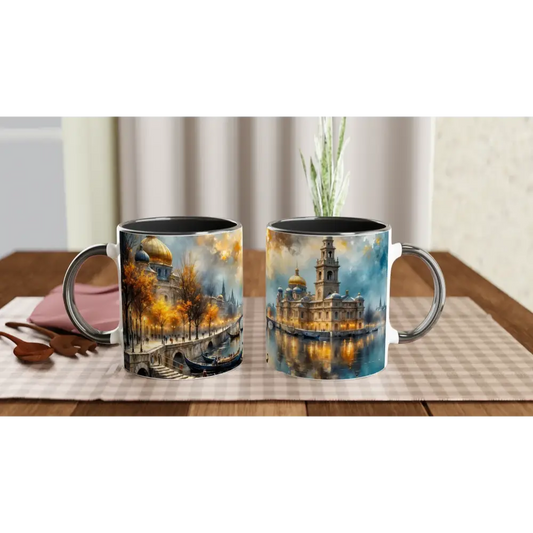 Ceramic mug with scenic watercolor cityscape featuring dreamy reflections adorn, elegant everyday companion