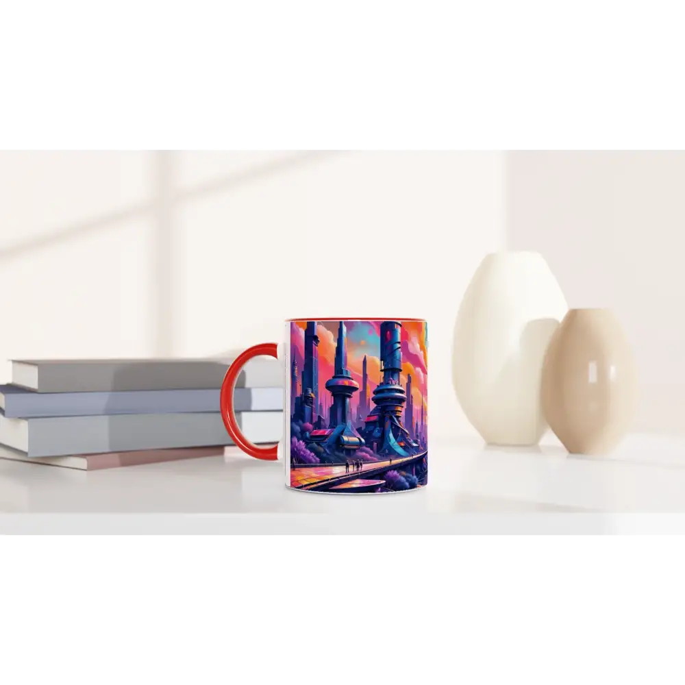 White ceramic mug with red handle and colorful fantastical cityscape design for 11oz ceramic mug