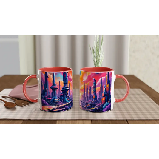 Vibrant cityscape 11oz ceramic mug with red interior and handle for modern coffee lovers