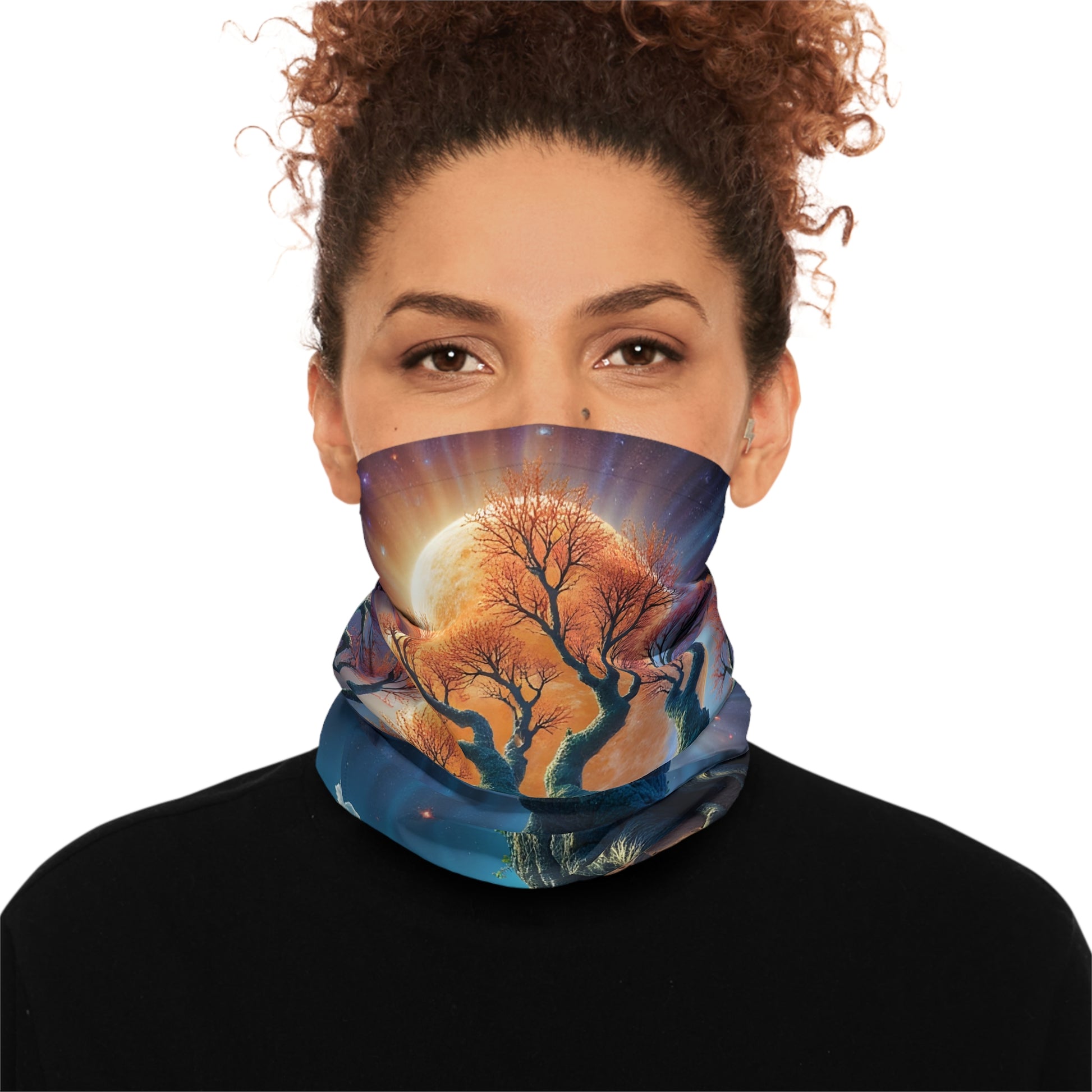 Woman wearing a tree-themed face covering from PixiOnyx Mystical Forest Lightweight Neck Gaiter