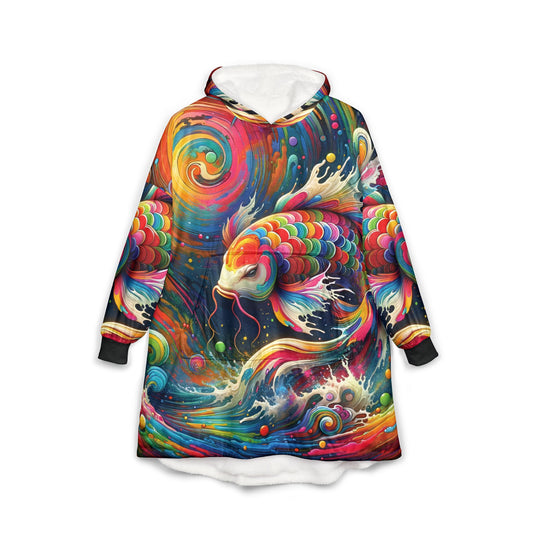 Unisex Hooded Blanket – Rainbow Koi | PixiOnyx Wearable Psychedelic Waveform