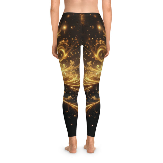 Woman’s leggings with golden floral design from Golden Filigree Flow Luxe AOP Baroque Swirl PixiOnyx Activewear