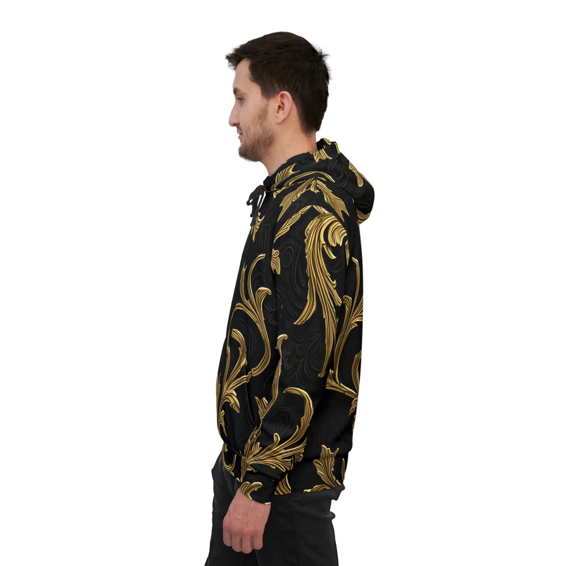 Black and gold patterned Gilded Veil Hoodie with elegant baroque design on black fabric