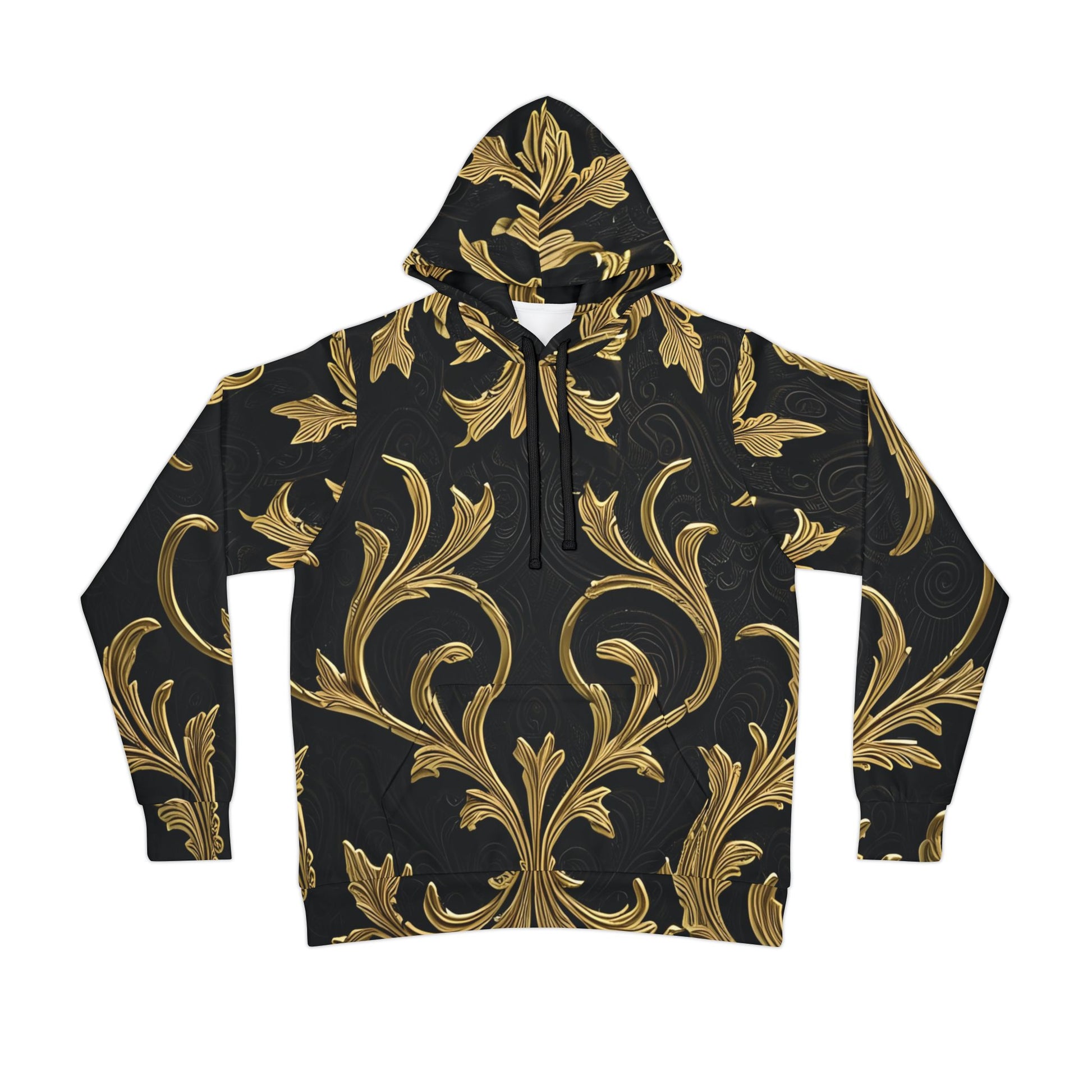 Black and gold patterned Gilded Veil Hoodie with elegant Baroque design on Black fabric