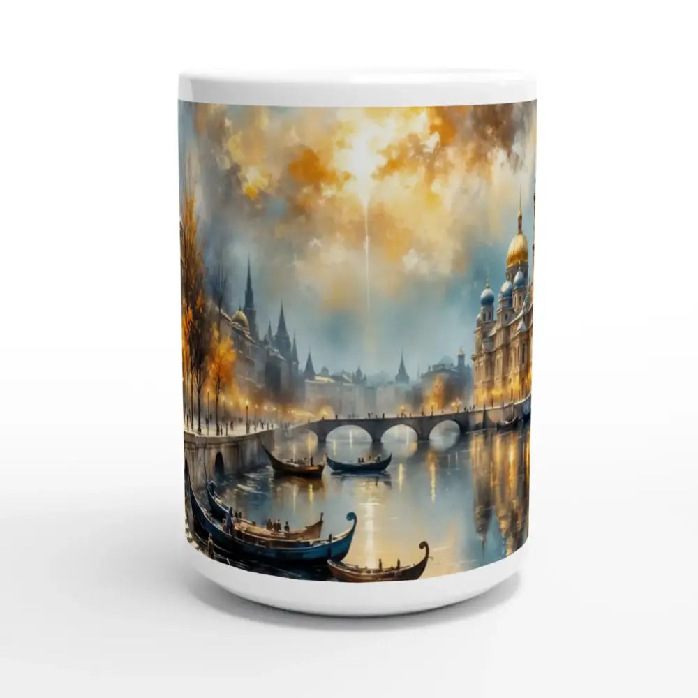 White ceramic mug with cityscape painting 15oz ceramic stunner from PixiOnyx