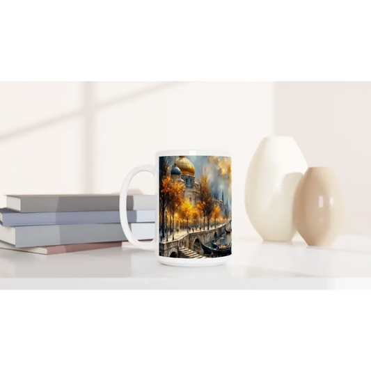 White ceramic coffee mug with autumn city scene design, 15oz ceramic stunner from PixiOnyx