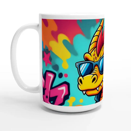 White ceramic mug with graffiti-style cartoon dragon design for urban coffee lovers