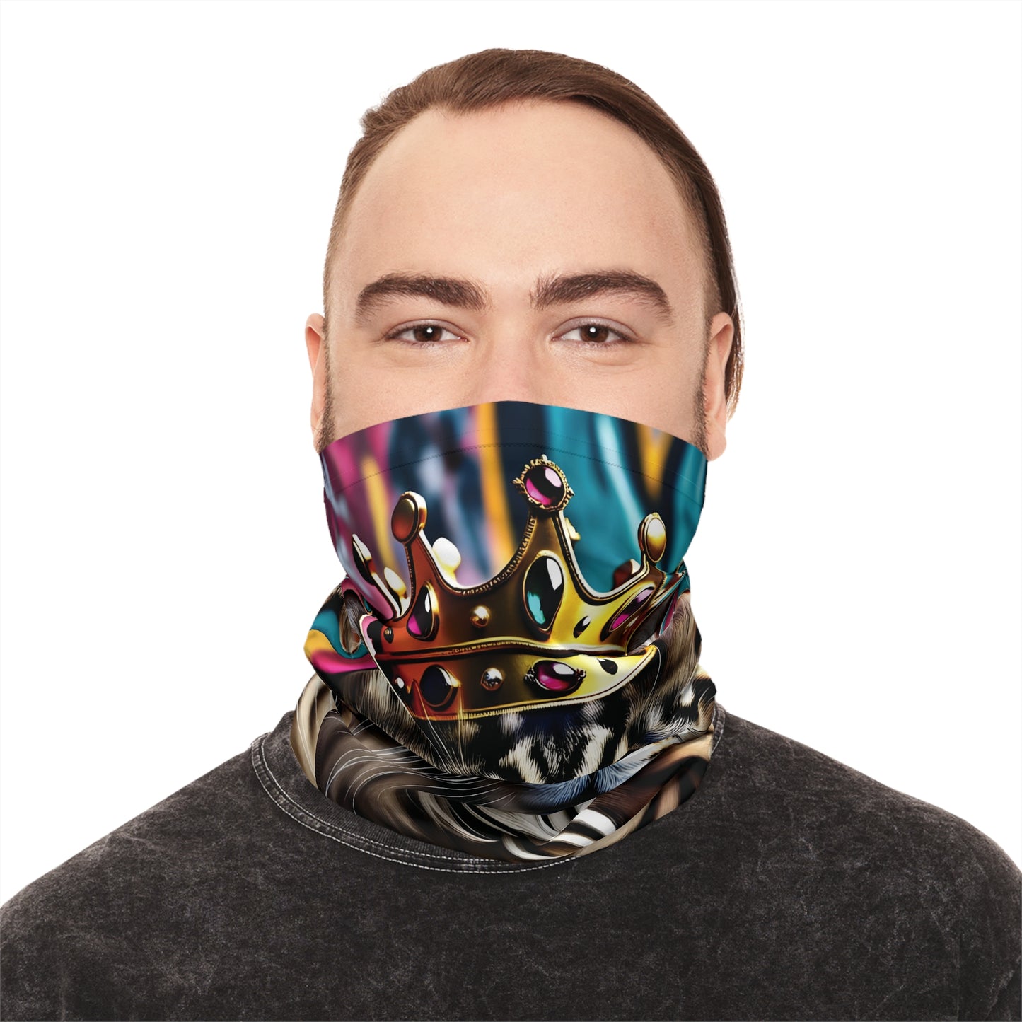 Face covering with crown design and animal print for the Neck Gaiter Crown Meowjesty PixiOnyx