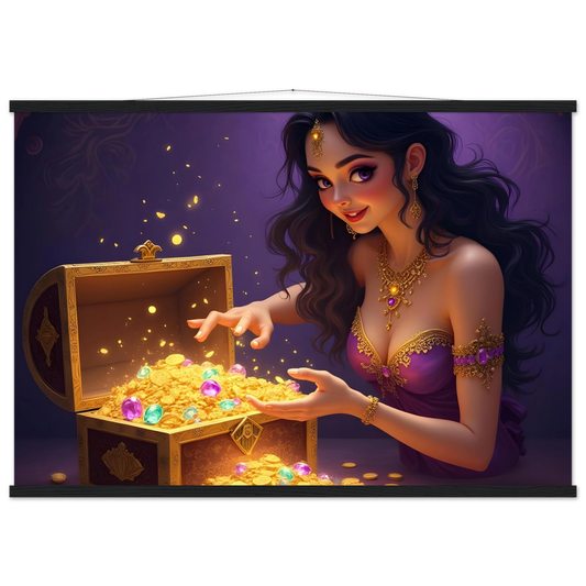 Golden treasure chest filled with sparkling jewels on Treasure Seeker Matte Poster with Hanger
