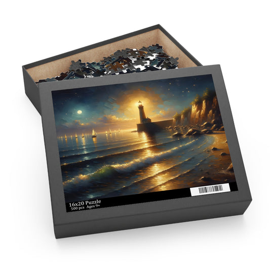 Jigsaw Puzzle – Beacon of the Quiet Tide | PixiOnyx Painterly Coastal Art