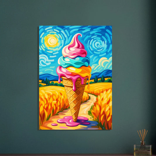 Colorful ice cream cone painting featured in Fine Art Poster Sunlit Swirl of Pastoral Chaos