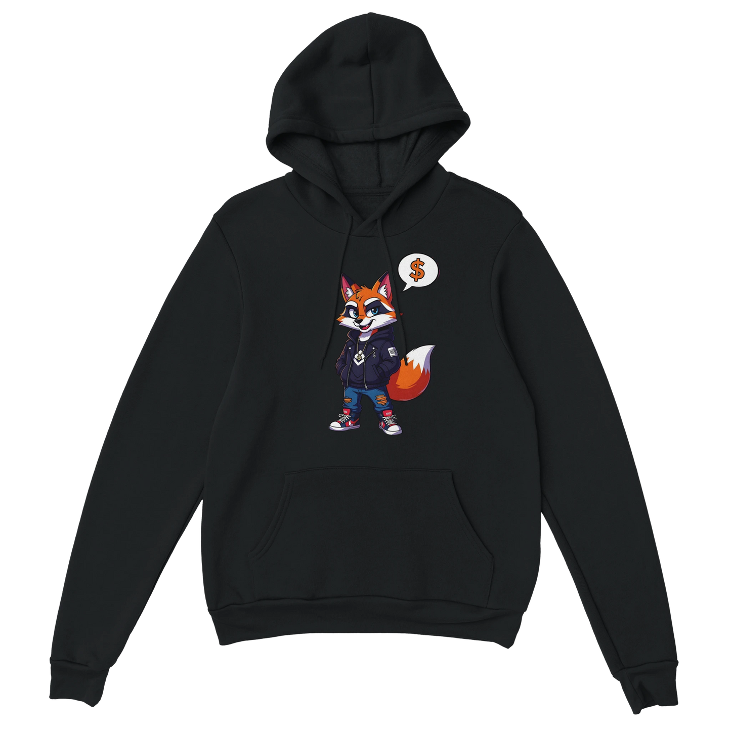 Black hoodie with cartoon fox graphic from Unisex Hoodie Street Hustle Fox by PixiOnyx
