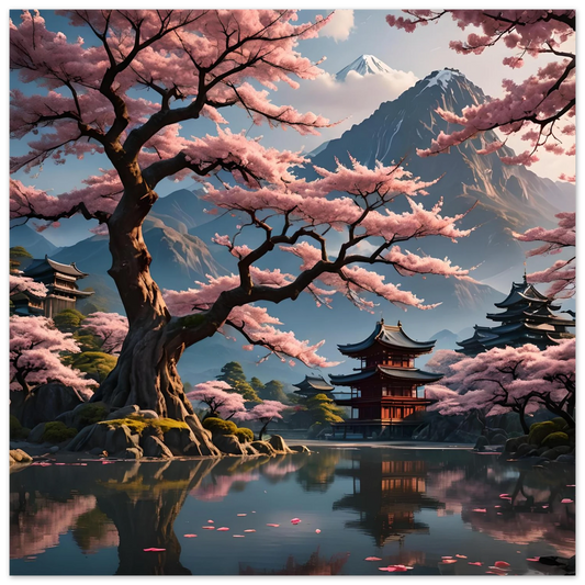 Japanese cherry blossom landscape artwork for Temple Blossom Serenity Fine Art Poster