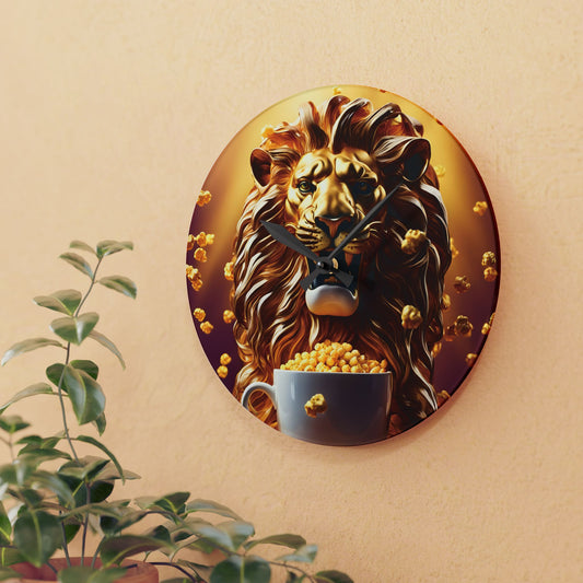 Golden Roar Wall Clock – Popcorn Lion Acrylic Clock | PixiOnyx Bold Home Accent