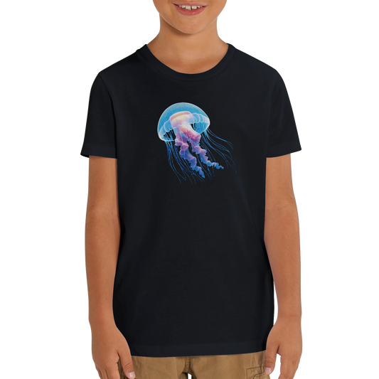 Black kids organic crewneck T-shirt with glowing jellyfish cosmic drift design