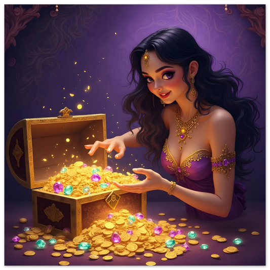 Treasure Seeker Fine Art Poster from PixiOnyx showing overflowing treasure chest with gold coins and gems