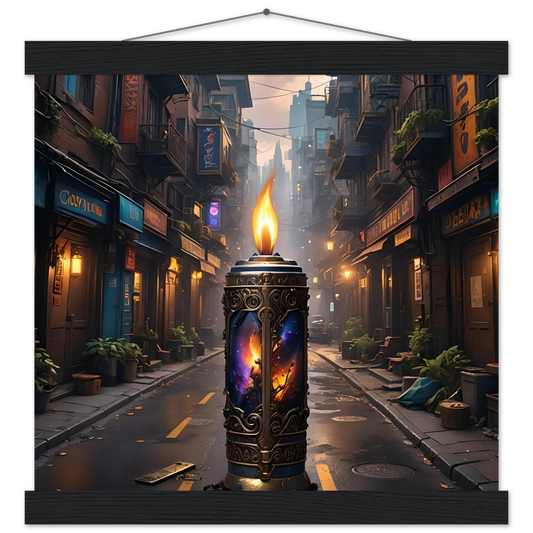 Ornate candle with cosmic imagery in Galactic Flame Hanging Matte Poster by PixiOnyx