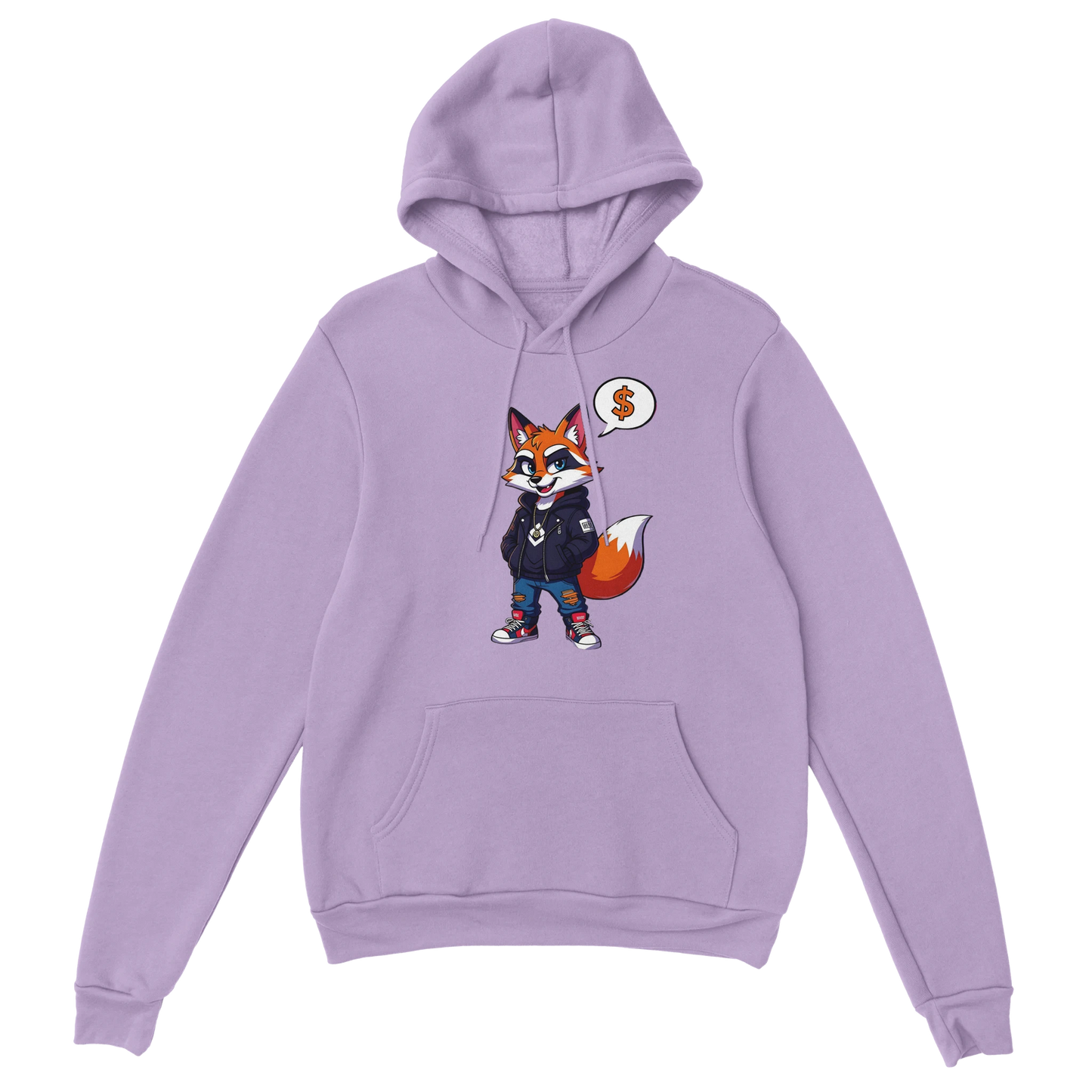 Lavender hoodie with cartoon fox design from PixiOnyx Urban Comfort Street Hustle Fox collection