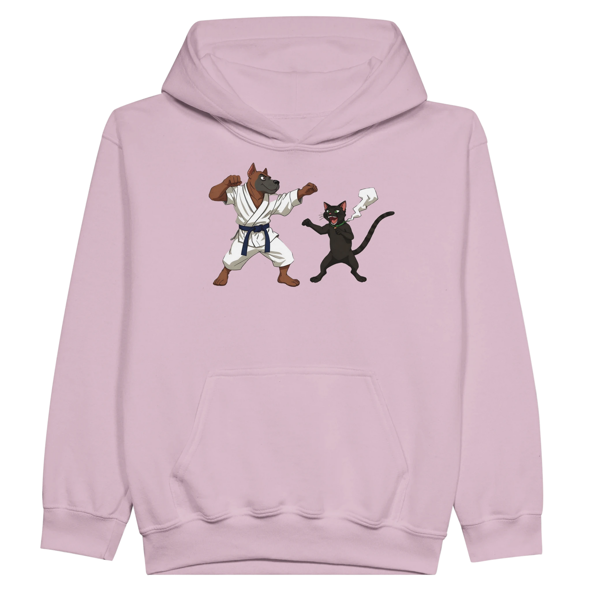 Pink hoodie featuring Karate Dog and Cat design from Paws of Fury Martial Mayhem product