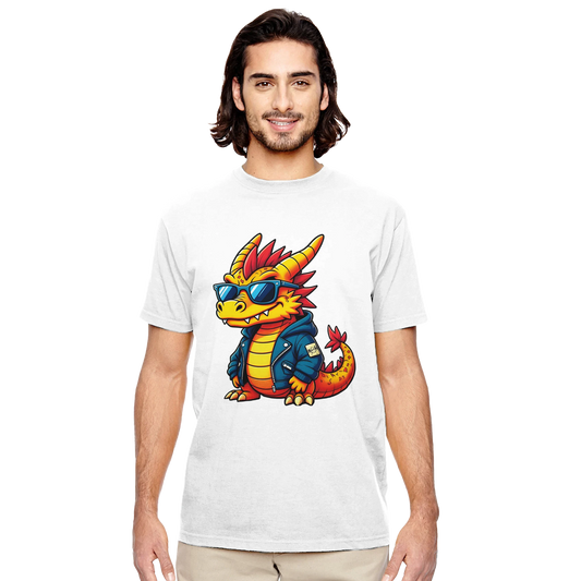 Organic unisex white t-shirt featuring graffiti style cartoon dragon design