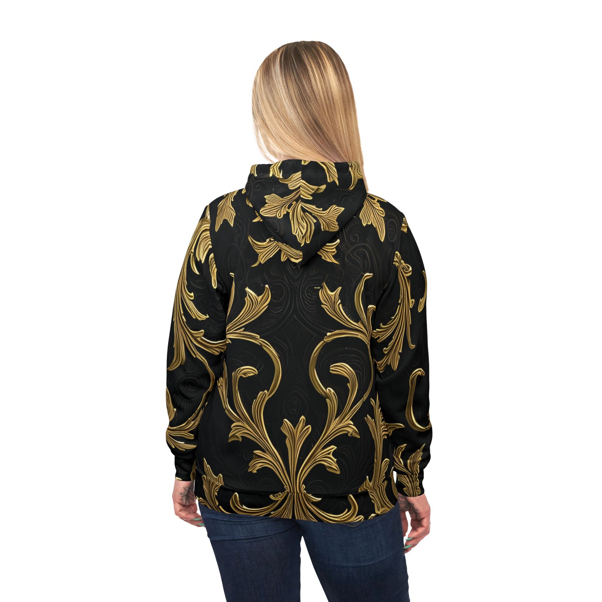 Black and gold patterned Gilded Veil Hoodie with elegant Baroque design from PixiOnyx