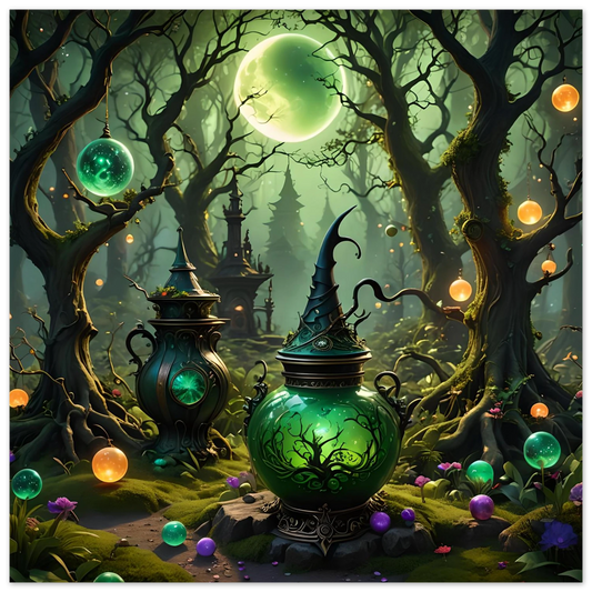 Glowing green potion vessel with pointed lid on Witchcraft Forest Fine Art Poster