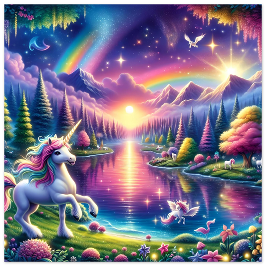Magical unicorn landscape scene from Rainbow Unicorn Forest Fine Art Poster PixiOnyx Exclusive
