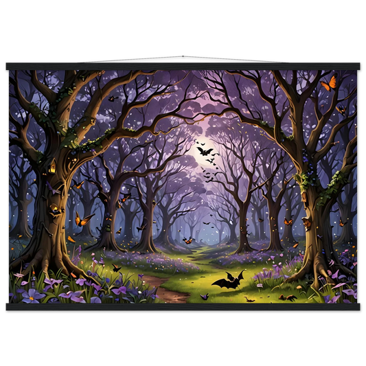 Halloween-themed forest scene displayed on projector screen in PixiOnyx Whispers of the Enchanted Forest poster
