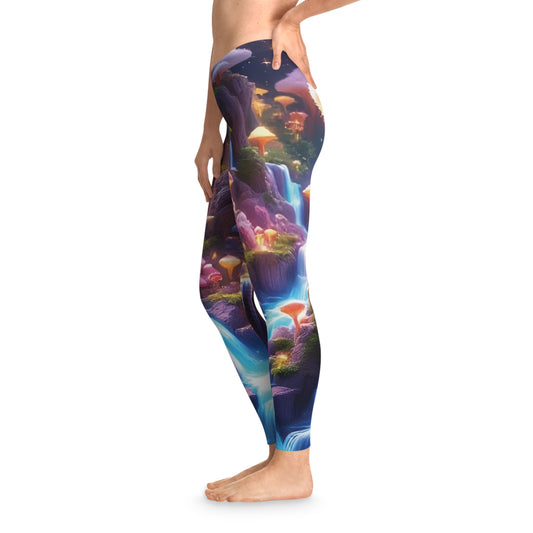 Fantasy landscape leggings with vibrant cosmic heartburst design for artistic Festival wear