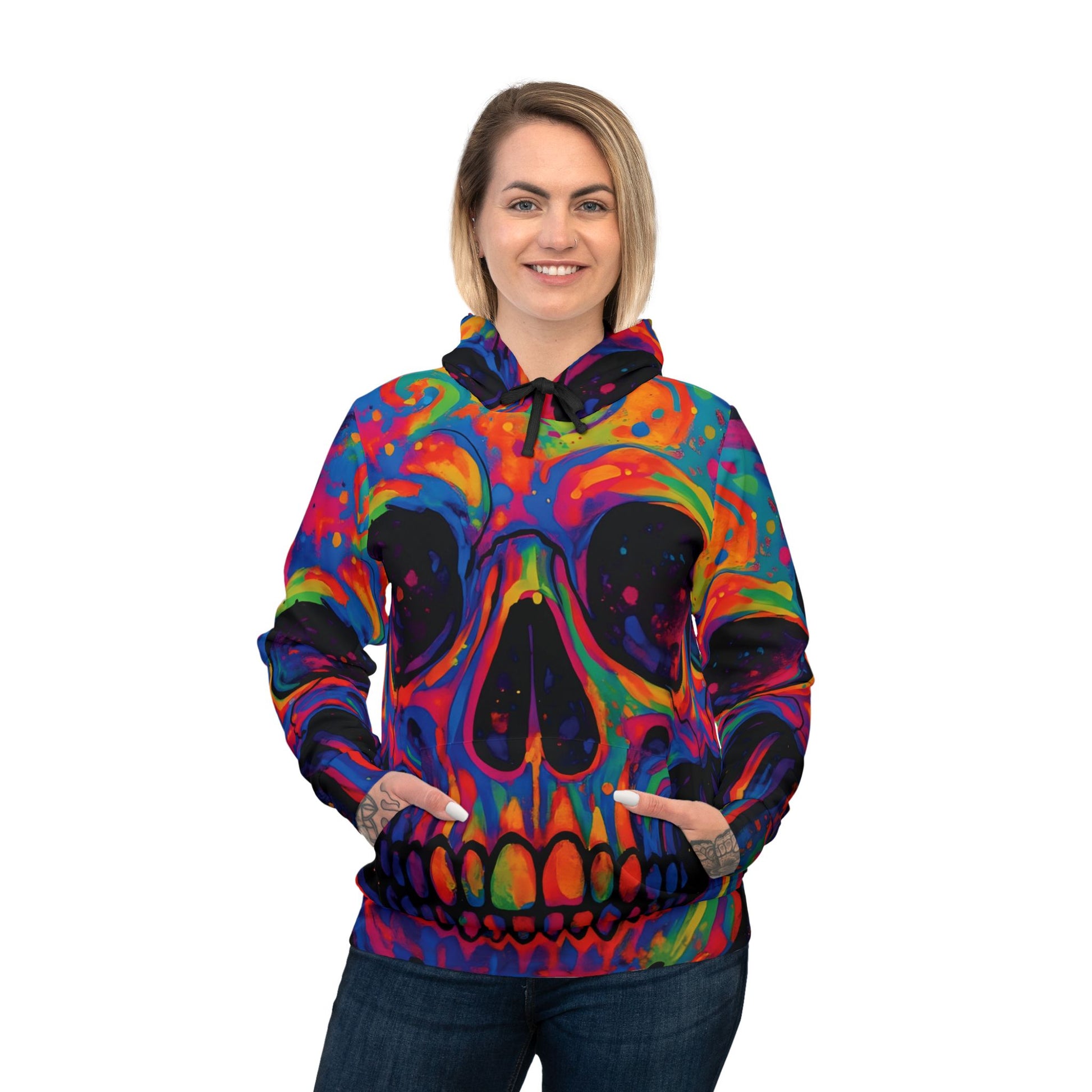 Colorful skull hoodie with psychedelic trippy design for streetwear festivals and chill sessions