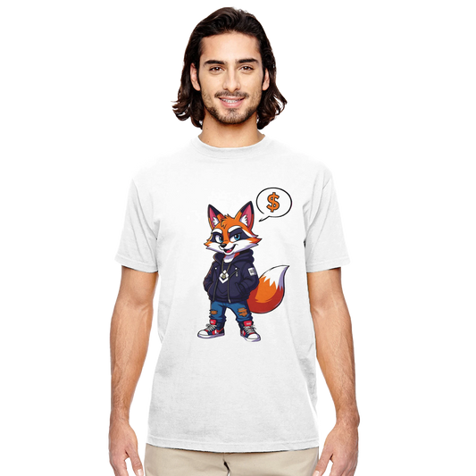 Man wearing Organic Unisex T-shirt with cartoon fox design from PixiOnyx Street Style