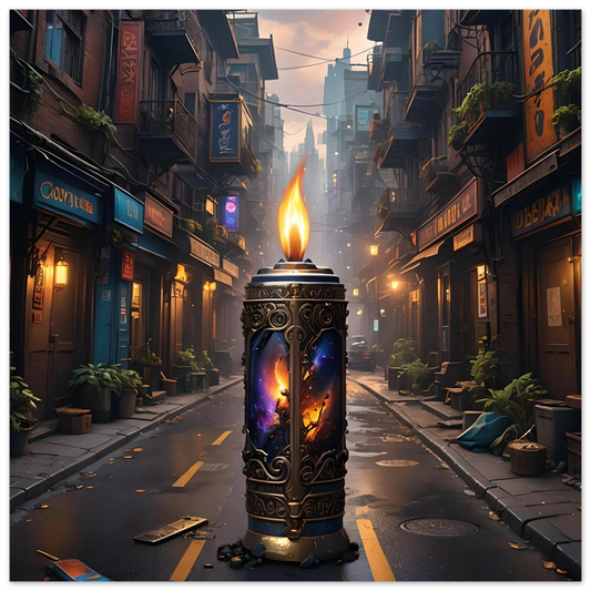 Ornate candle with celestial imagery from Galactic Flame Fine Art Poster by PixiOnyx