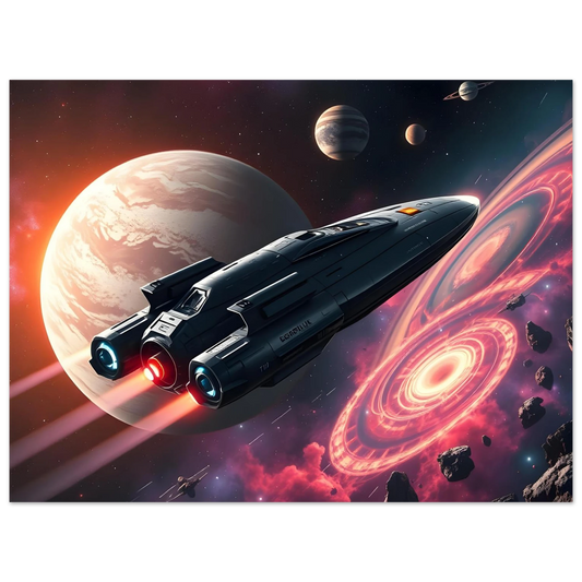Dark sleek spaceship with glowing engines from Starship Voyager Fine Art Poster by PixiOnyx