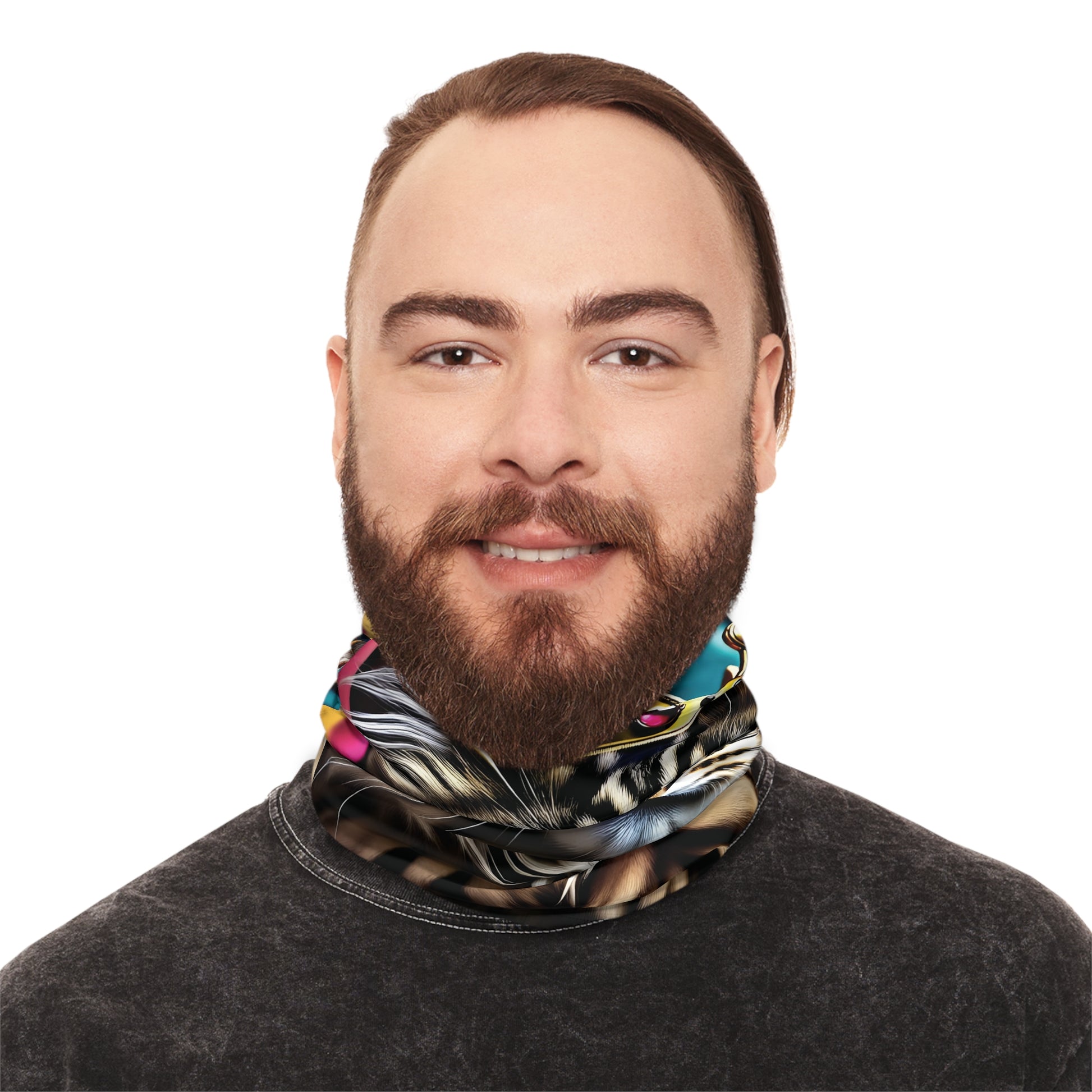 Man wearing a patterned neck gaiter from PixiOnyx Urban Regal Wrap Crown Meowjesty collection