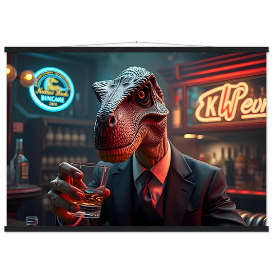 Dinosaur in a suit holding whiskey glass on PixiOnyx Hanging Poster for After Hours Instincts