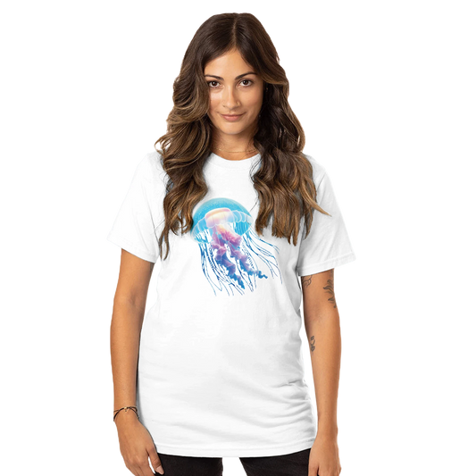 White organic unisex crewneck T-shirt featuring a glowing jellyfish design from PixiOnyx Ocean Reverie